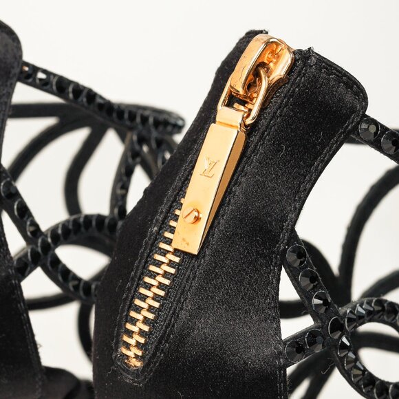 Louis Vuitton Tisha Crystal Studded Black Satin Cage Strap Heel Platform Sandal - Picture 9 of 10